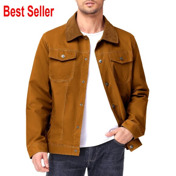 Men's Cotton Canvas Trucker Jacket Corduroy Collar Flannel Lined Workwear
